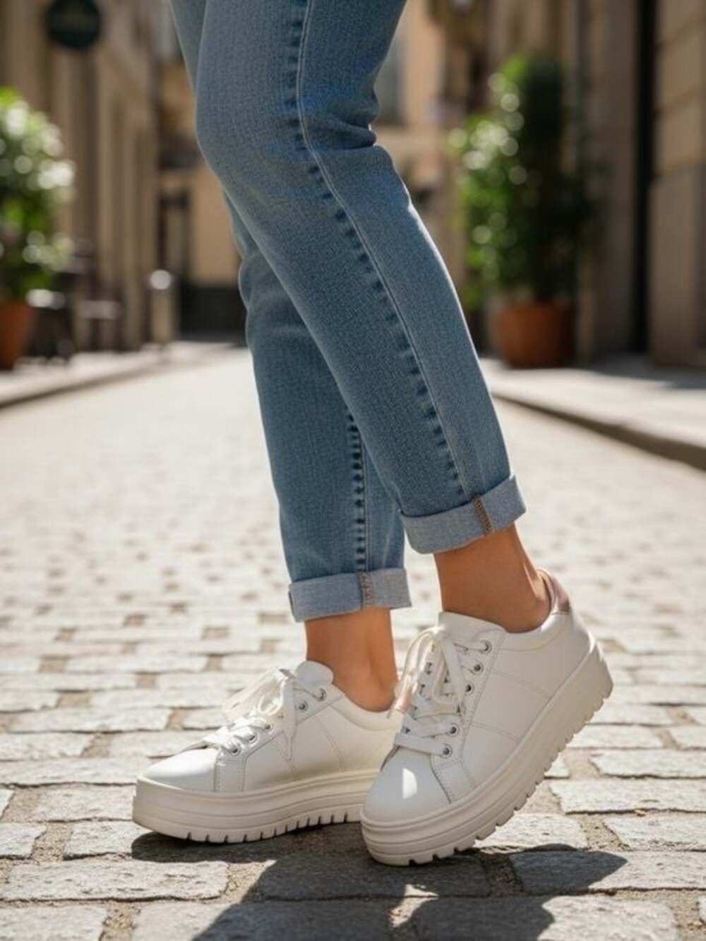 Linea Paolo White Platform Nappa Leather Sneakers with Eggshell accent - Picture 4 of 6